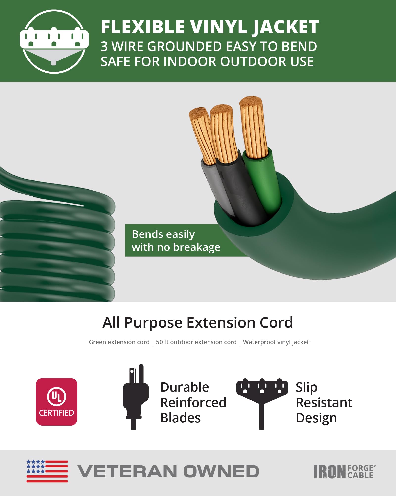 Iron Forge Cable SJTW weatherproof design withstands moisture and temperature changes.