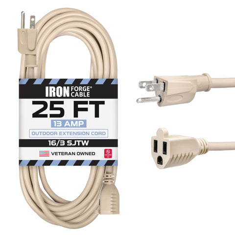 Iron Forge Cable weatherproof 25 ft extension cord on patio, ideal for outdoor lighting.