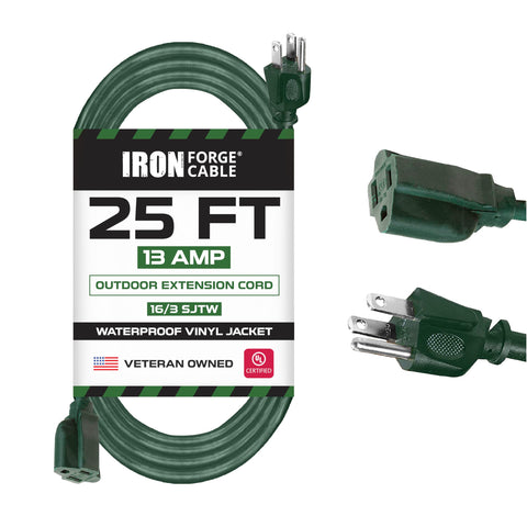 Iron Forge Cable weatherproof 25 ft outdoor extension cord ready for landscape lighting.