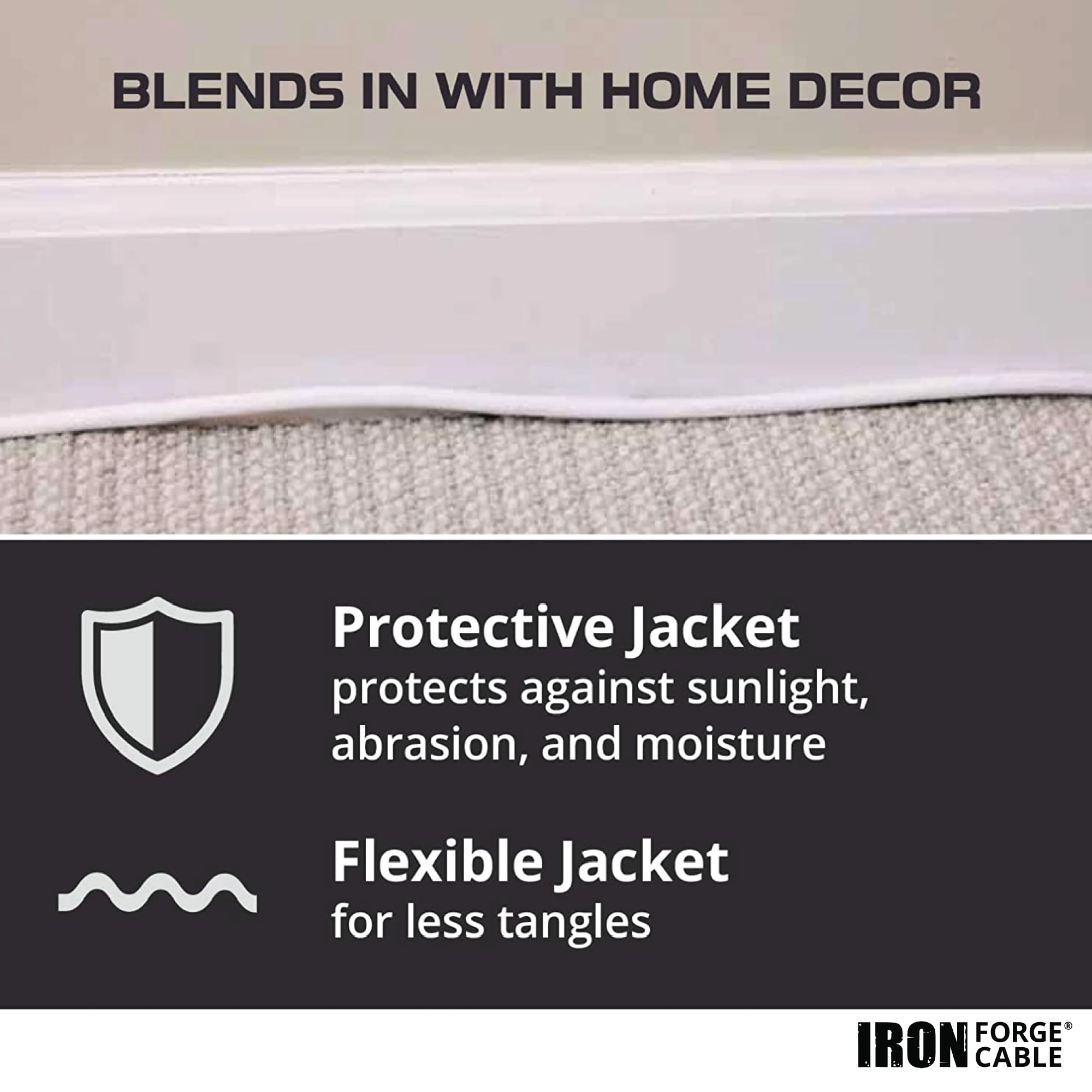 IRON FORGE CABLE white 3-prong extension blends with exterior spaces.