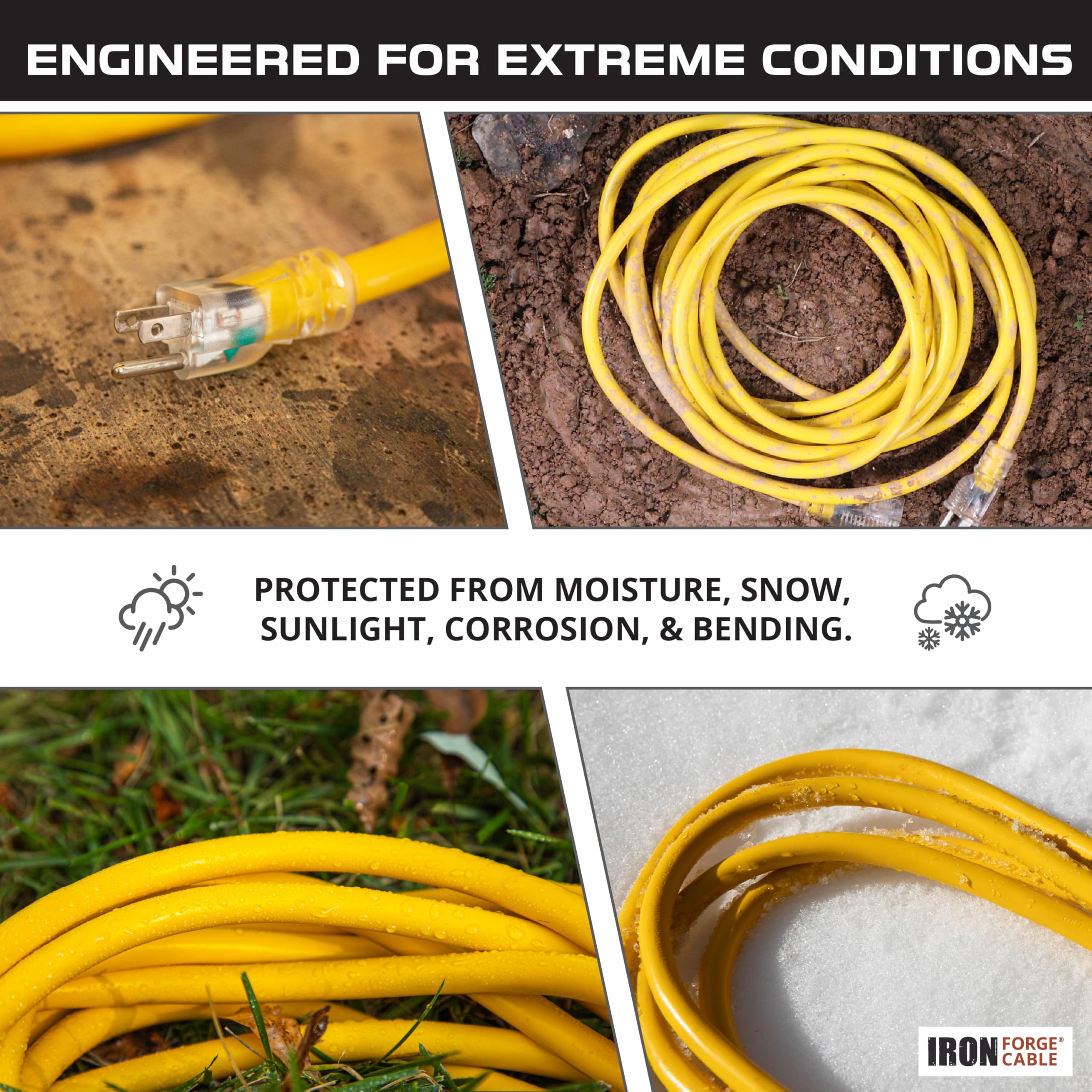 Iron Forge Cable yellow 12-gauge SJTW extension cord for durable outdoor use.