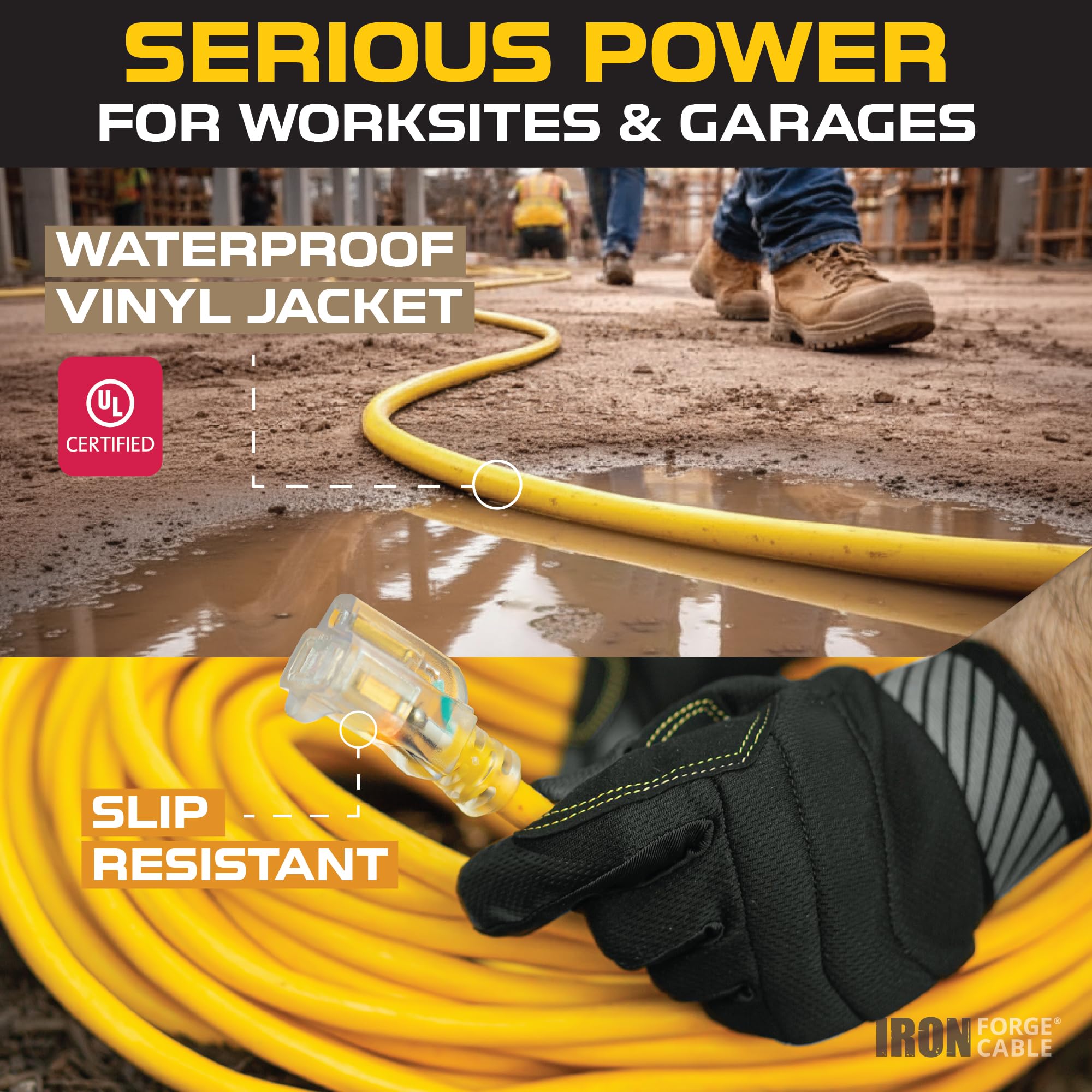 IRON FORGE CABLE yellow 12AWG SJTW exterior extension cord ideal for landscaping