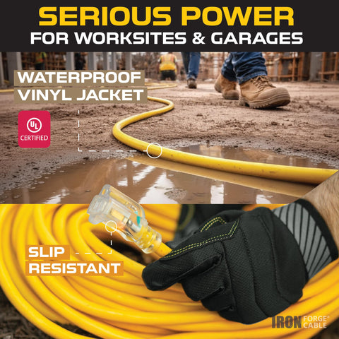 IRON FORGE CABLE yellow SJTW 12awg for high-visibility outdoor tasks.
