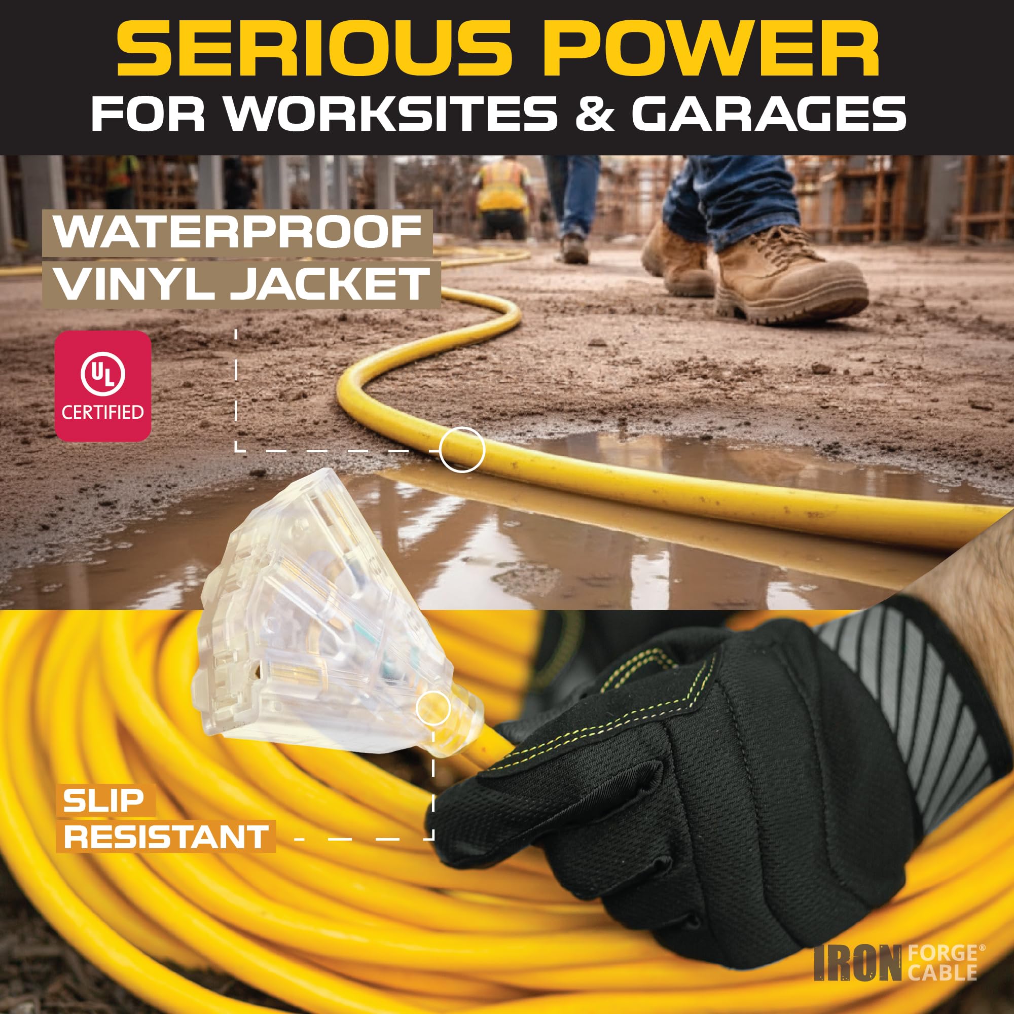 Iron Forge Cable yellow SJTW 12ga outdoor cord with high visibility jacket