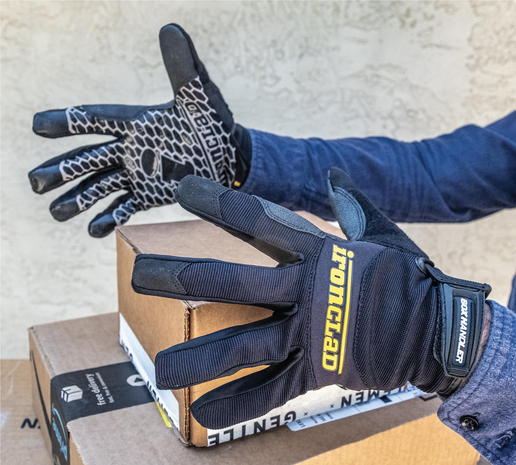 Ironclad Box Handler gloves close-up of adjustable hook-and-loop strap for a secure fit