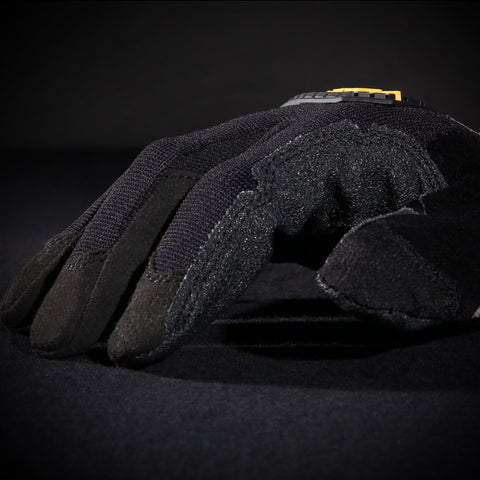 Ironclad HUG-03-M reinforced palm and fingers for long wear.