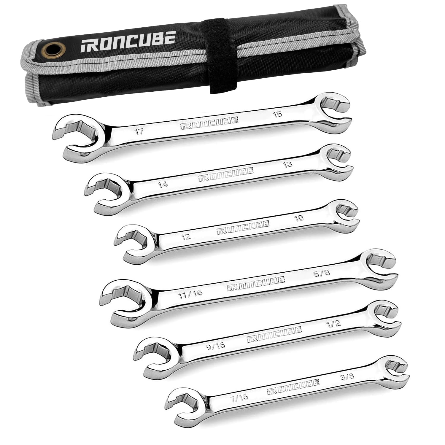 Ironcube flare nut wrench set with metric and SAE sizes for versatile repairs.