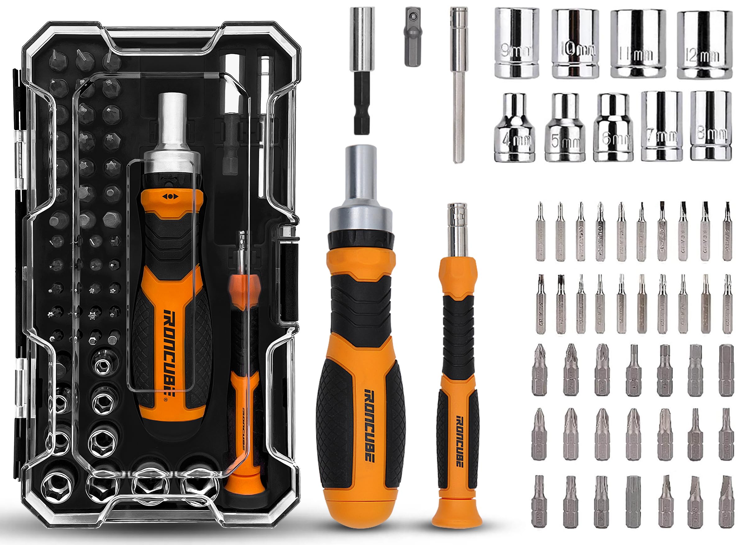 IRONCUBE ratcheting screwdriver set with case offering versatile home repairs with magnetic bits.