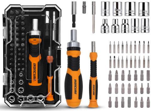 IRONCUBE ratcheting screwdriver set with case offering versatile home repairs with magnetic bits.