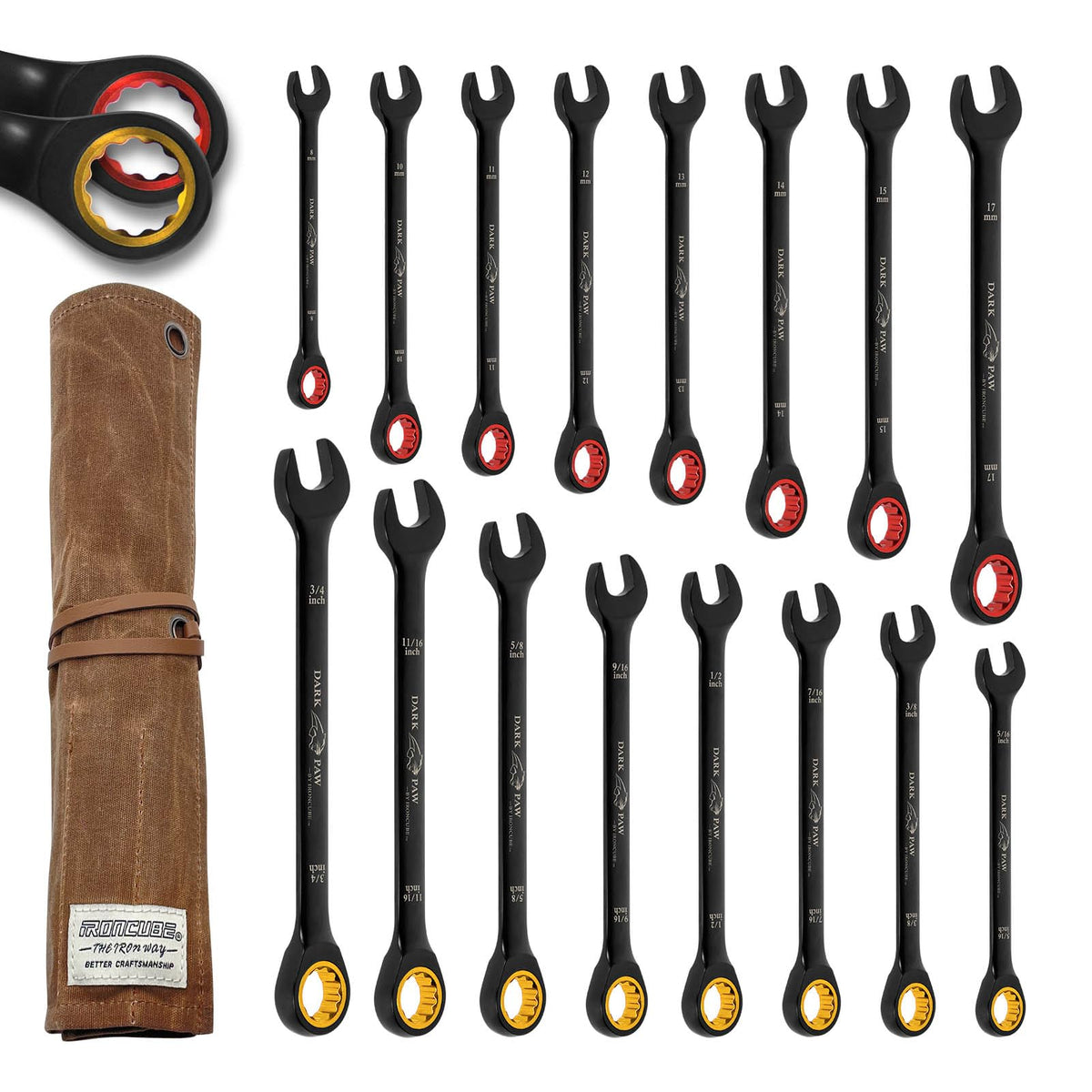 Ironcube ratcheting wrench set with metric and SAE sizes for everyday repairs