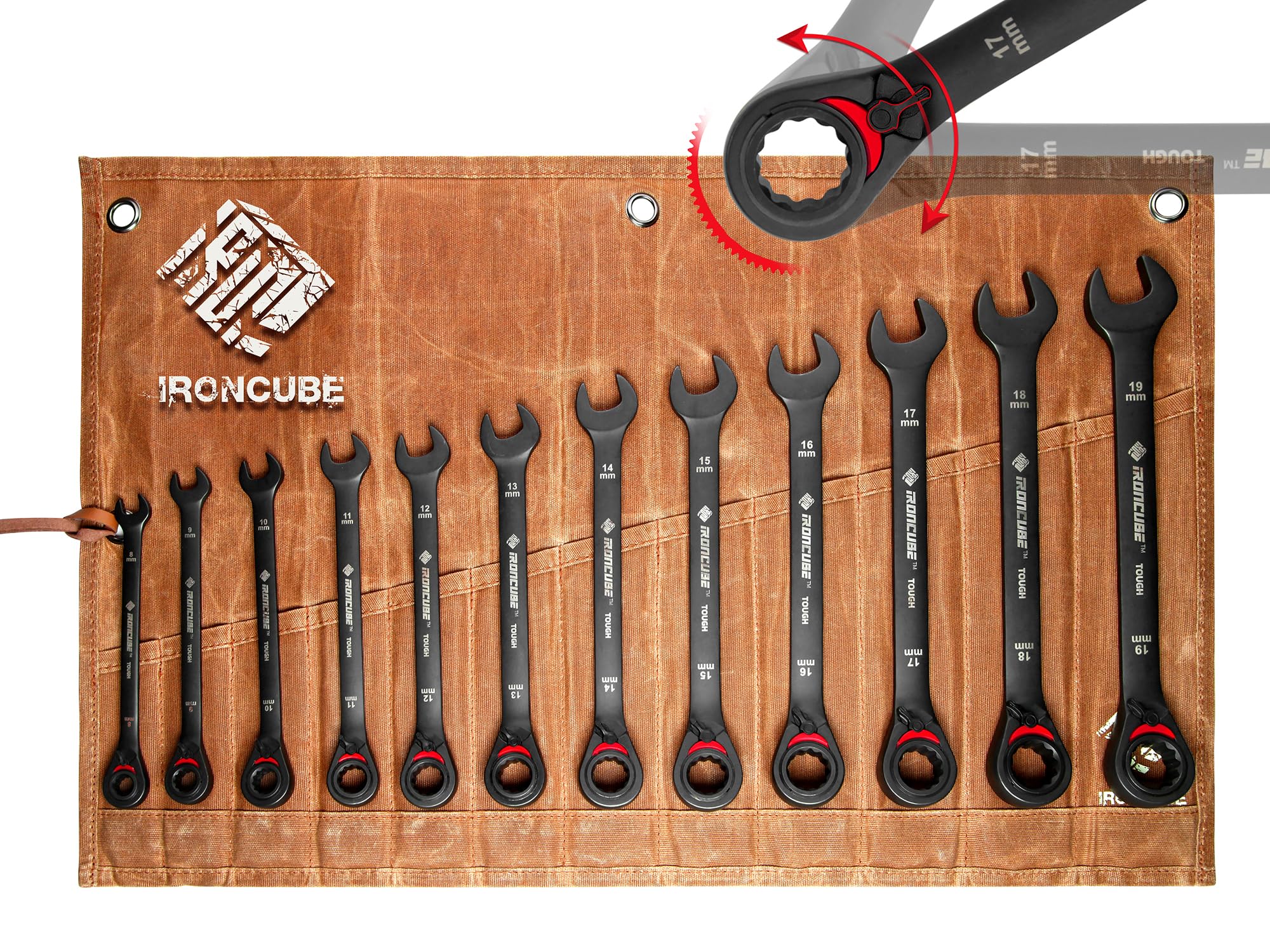 Ironcube reversible ratcheting wrench set in full view for automotive tasks.