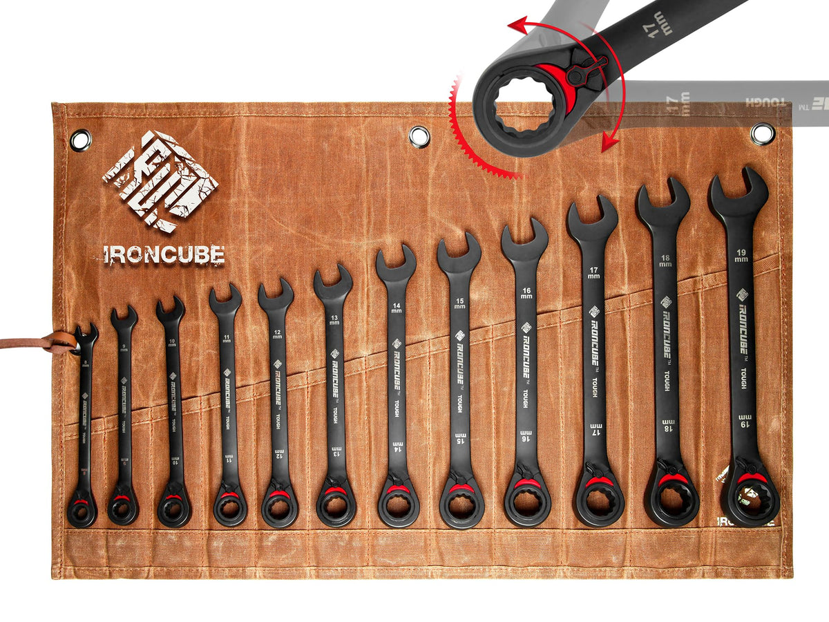 Ironcube reversible ratcheting wrench set in full view for automotive tasks.