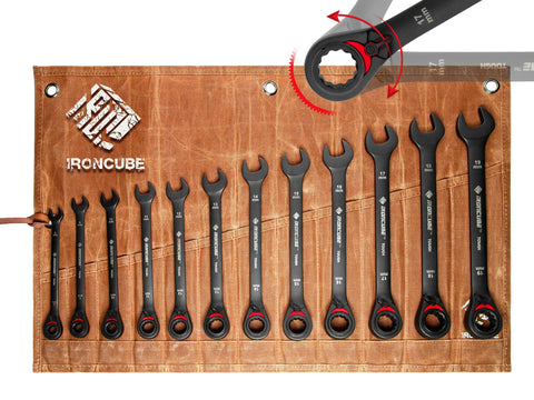 Ironcube reversible ratcheting wrench set in full view for automotive tasks.
