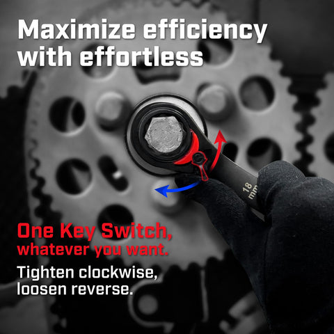 Ironcube wrench with two-way ratcheting and flip switch for quick direction changes.