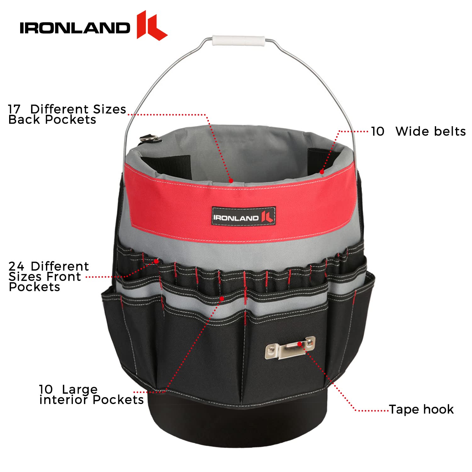 IRONLAND 51-pocket bucket tool caddy keeps large and small tools organized
