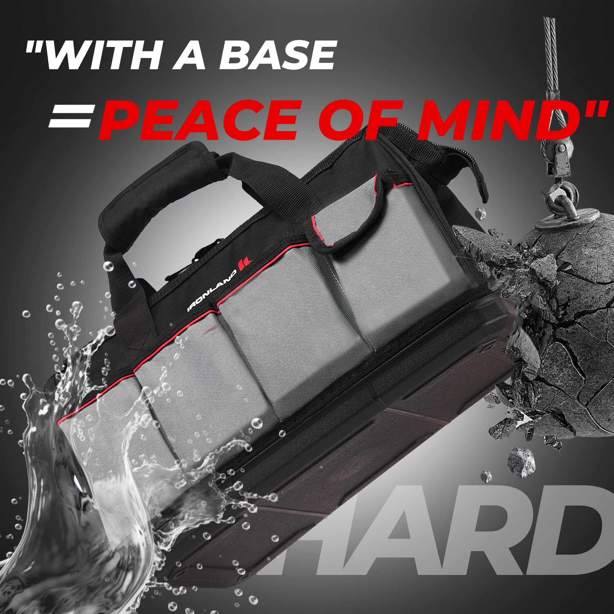IRONLAND molded bottom base keeps tools dry and stable on wet floors.