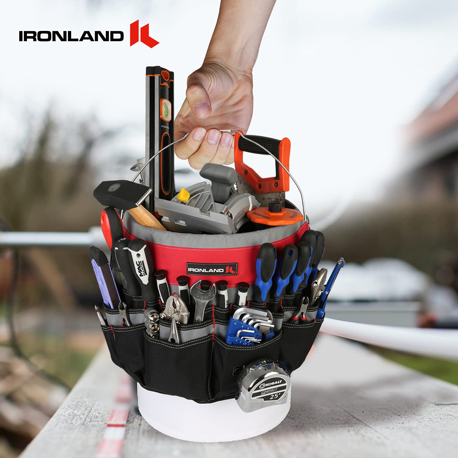 IRONLAND red and black design enhances visibility while tools stay secure