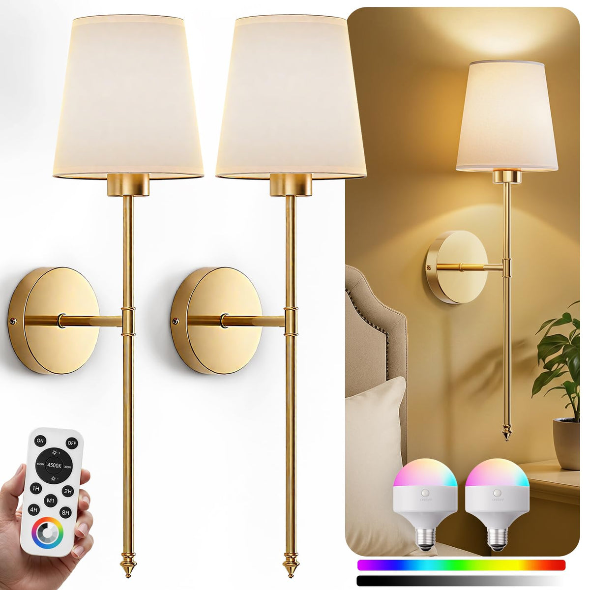 IRONPAX gold 24-inch wall sconce, front view, elegant bedroom lighting.