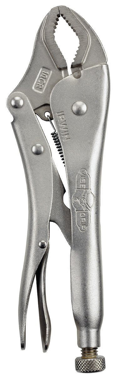 IRWIN curved jaw locking pliers 10-inch with self-energizing jaw for secure grip on round pipes and fasteners.