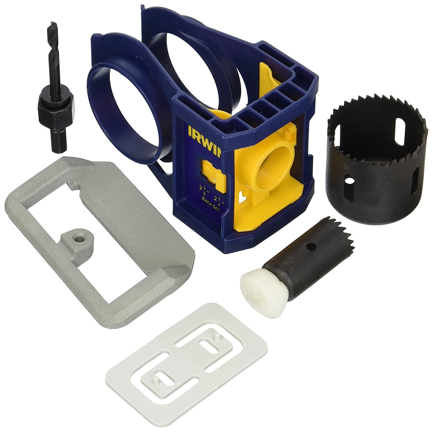 IRWIN door lock kit in blue, close-up of ready-to-use tool for quick door installations.