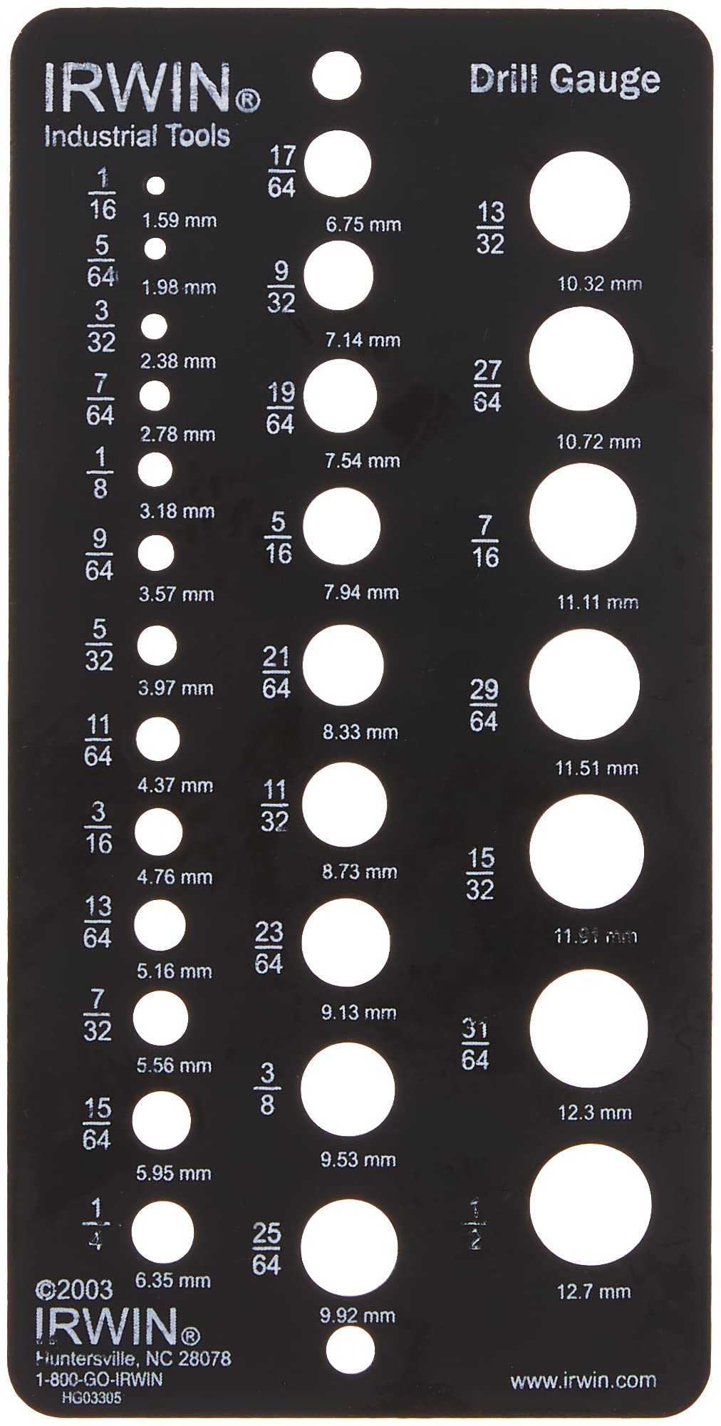 IRWIN 12092 drill bit gauge with 29 holes for precise sizing