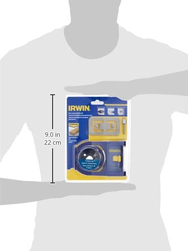 IRWIN self-centering jig demonstrates backset compatibility for 2-3/8 and 2-3/4 door installations.