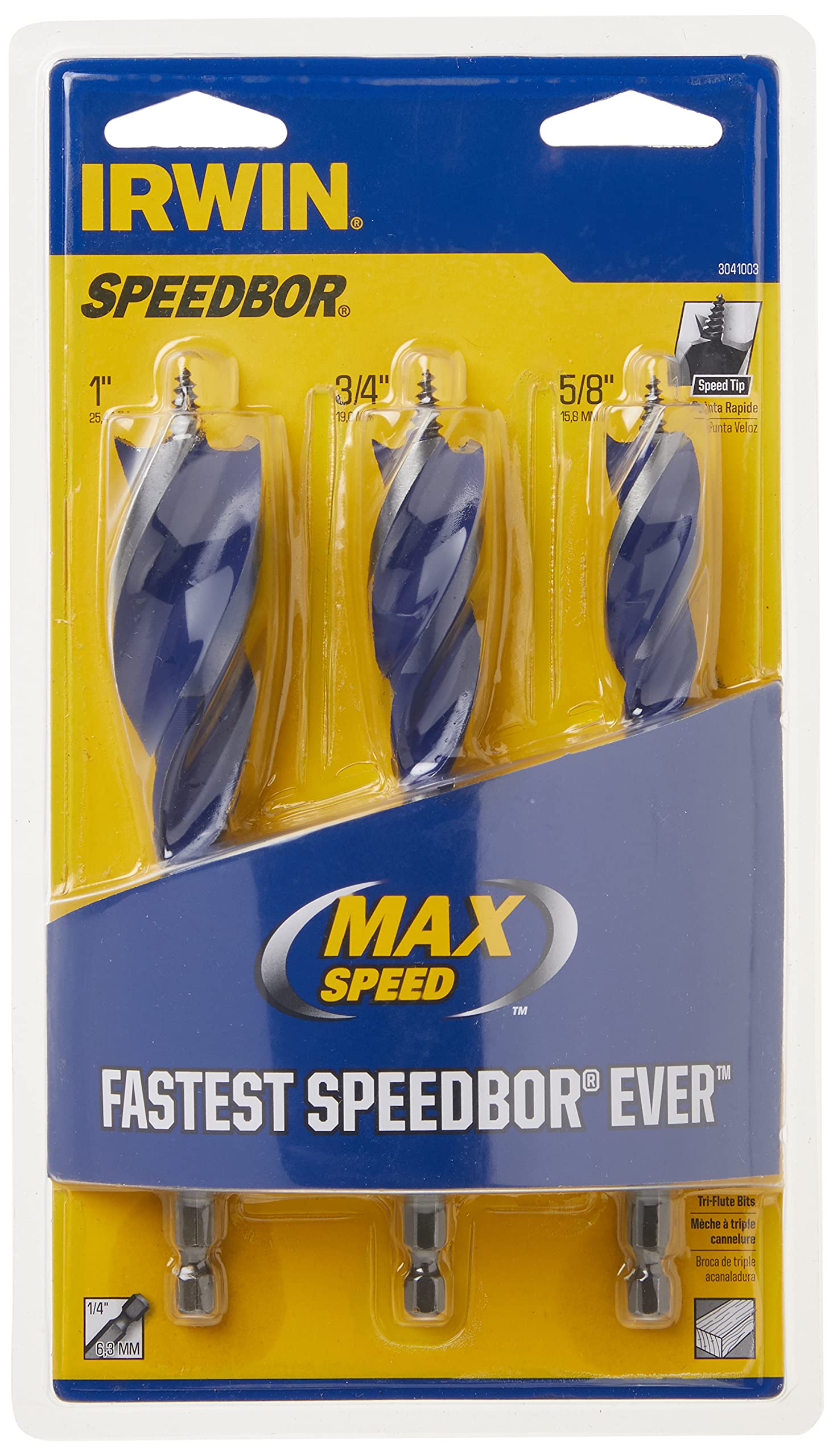 IRWIN Speedbor Max 3/4-inch bit with tri-flute design speeds chip ejection.