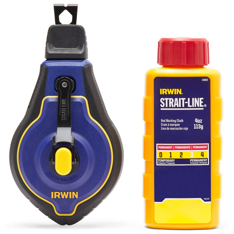 IRWIN Strait-Line Speedline Pro reel with 100 ft red chalk line for precise framing.