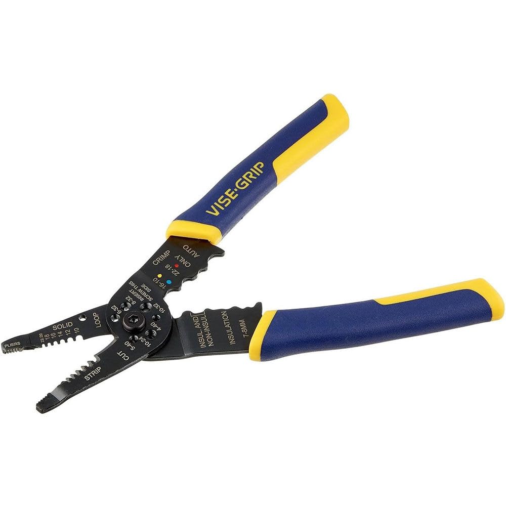 IRWIN VISE-GRIP wire stripper 8in with cutting edge enables precise 10-22 AWG stripping.