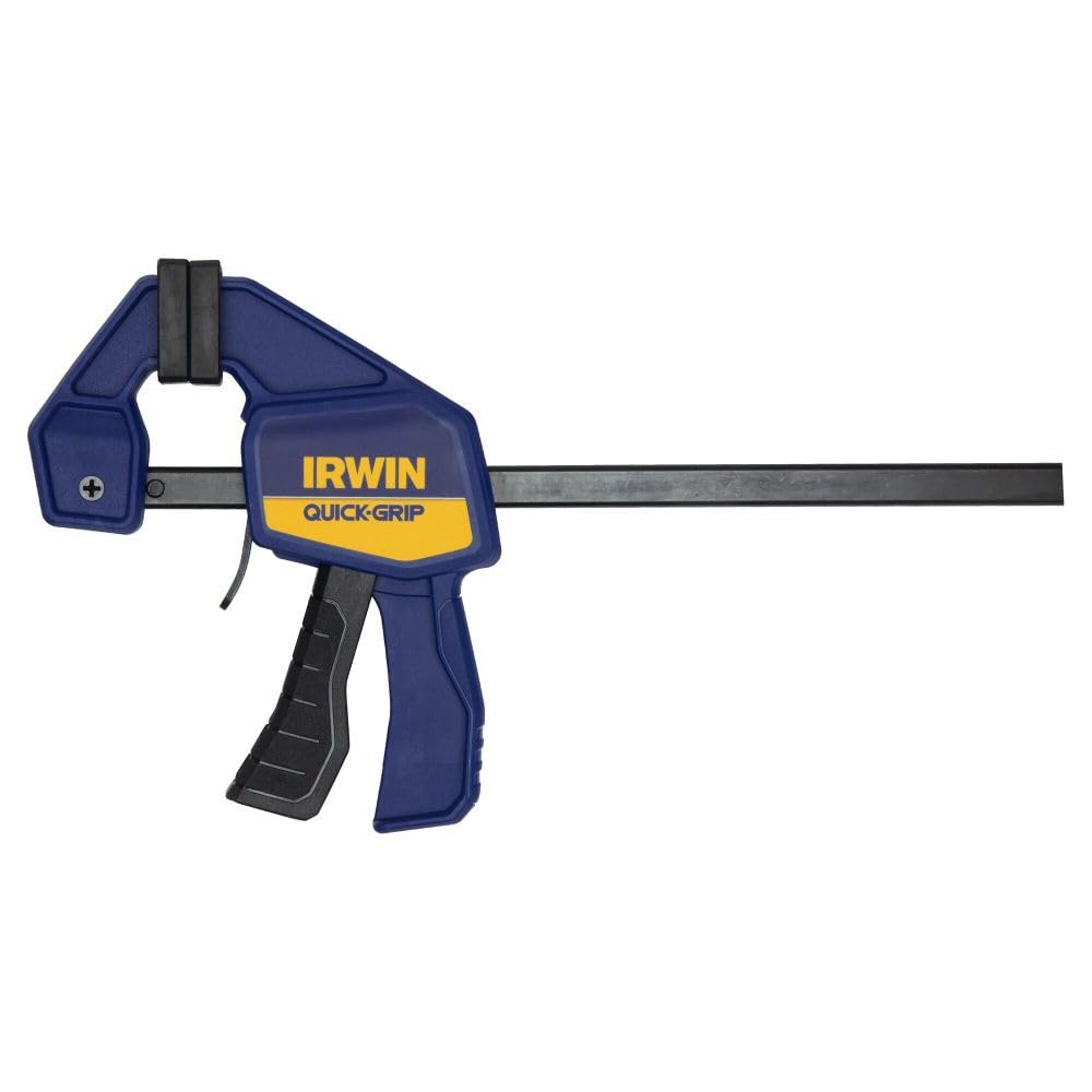 IRWIN Quick-Grip Mini Bar Clamp 12-inch, one-handed release demonstrated for quick adjustments.