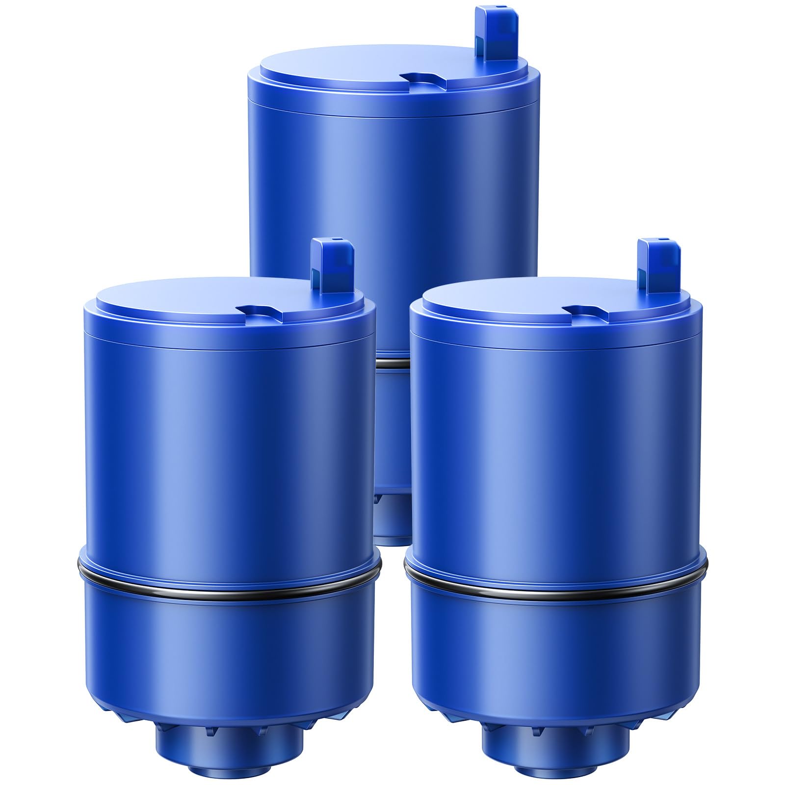 iSingo RF9999 3-pack front view showing compact faucet-mount filters for PUR systems.