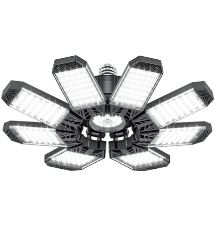 ISKYDRAW LED garage light with 8 panel deformable design for flexible workshop lighting.