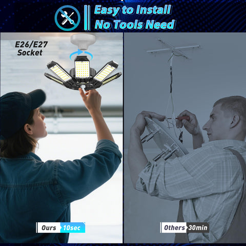 ISKYDRAW LED garage light screws into E26/E27 sockets for quick setup.
