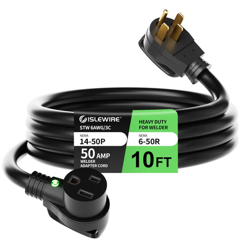 Islewire 6AWG welder extension cord connects 14-50P to 6-50R for portable power.
