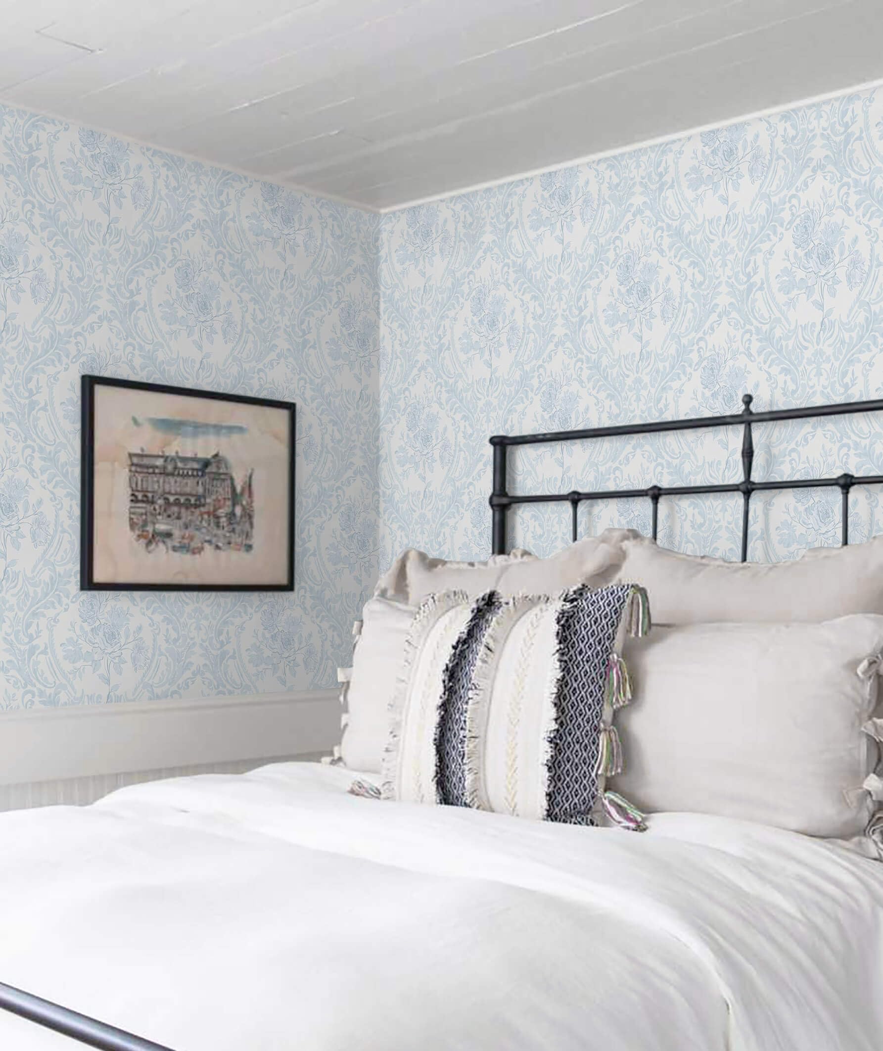 Ismoon bedroom or dining room application showcasing boho blue damask design.