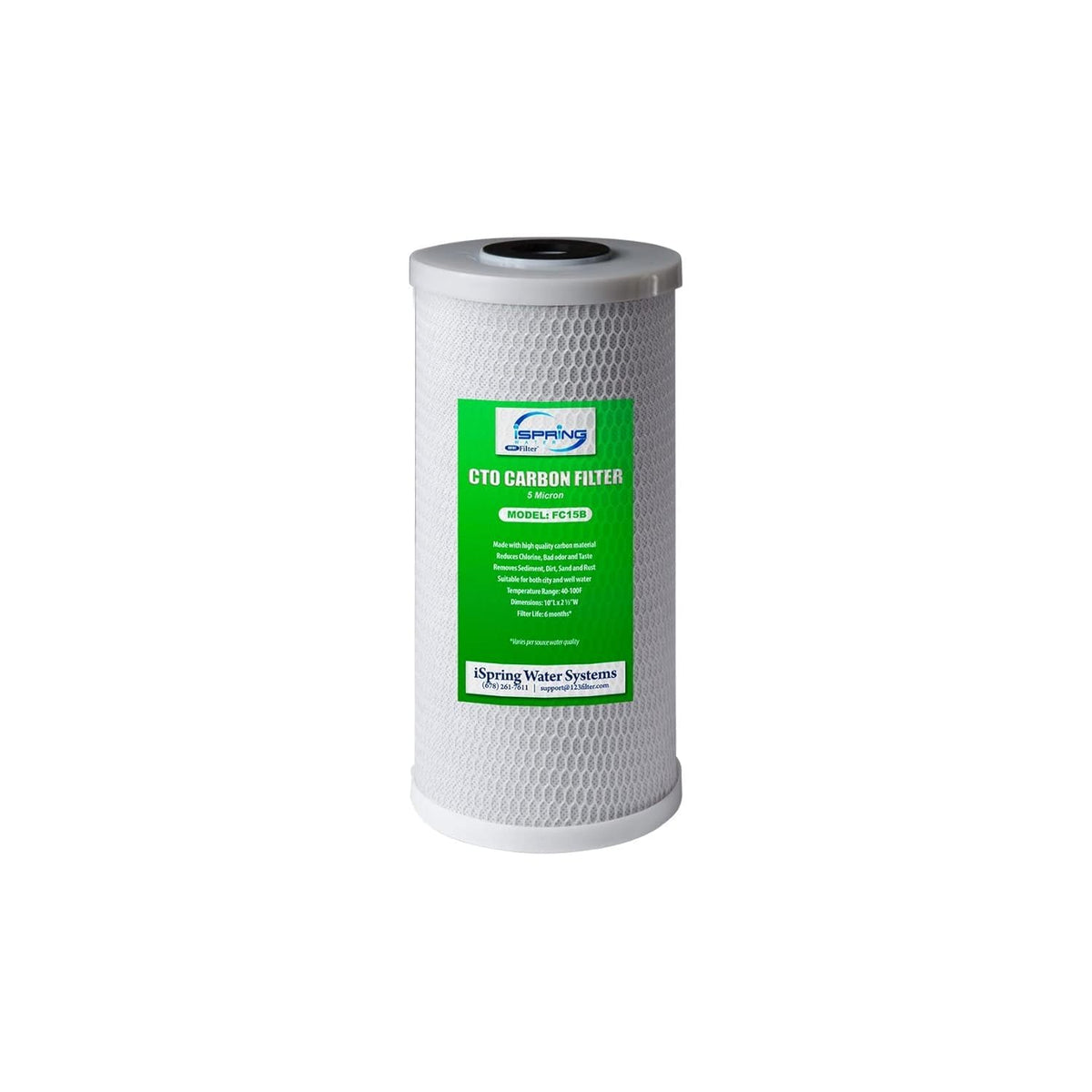 Ispring FC15B carbon block filter cartridge for 10x4.5 inch systems, reduces chlorine and odors.