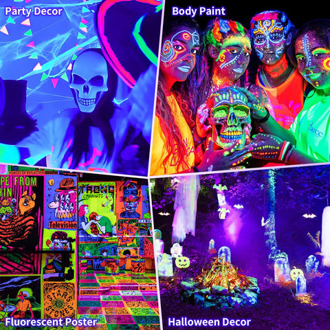 ISUERFY 100W Black Light Bar body paint use case with UV-enhanced colors