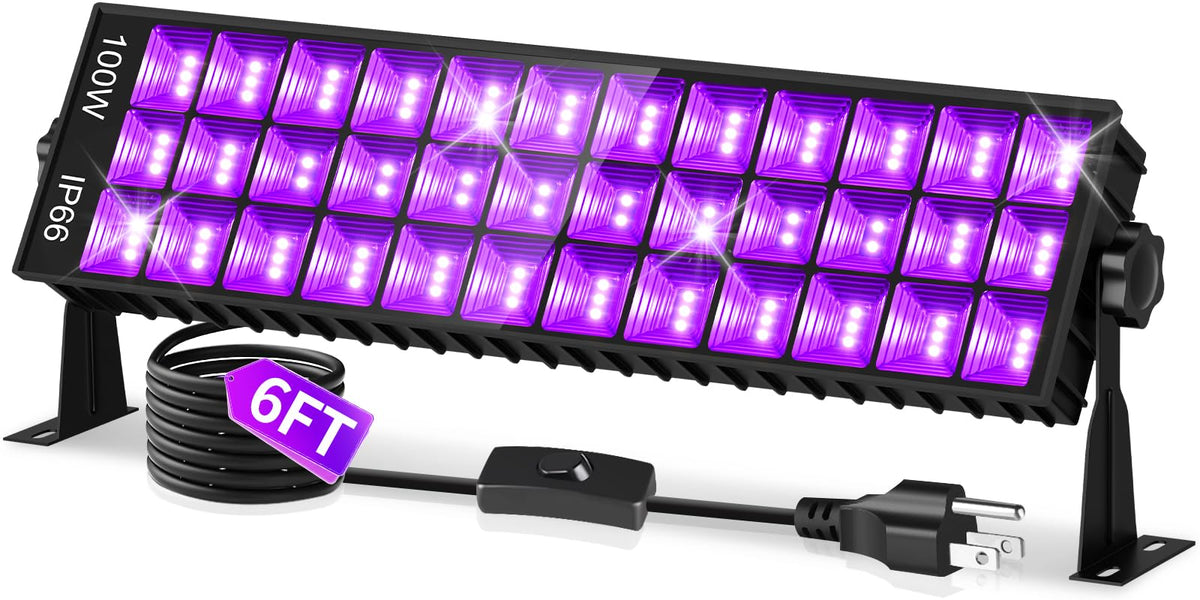 ISUERFY 100W Black Light Bar front view with strong UV glow for wide-area lighting