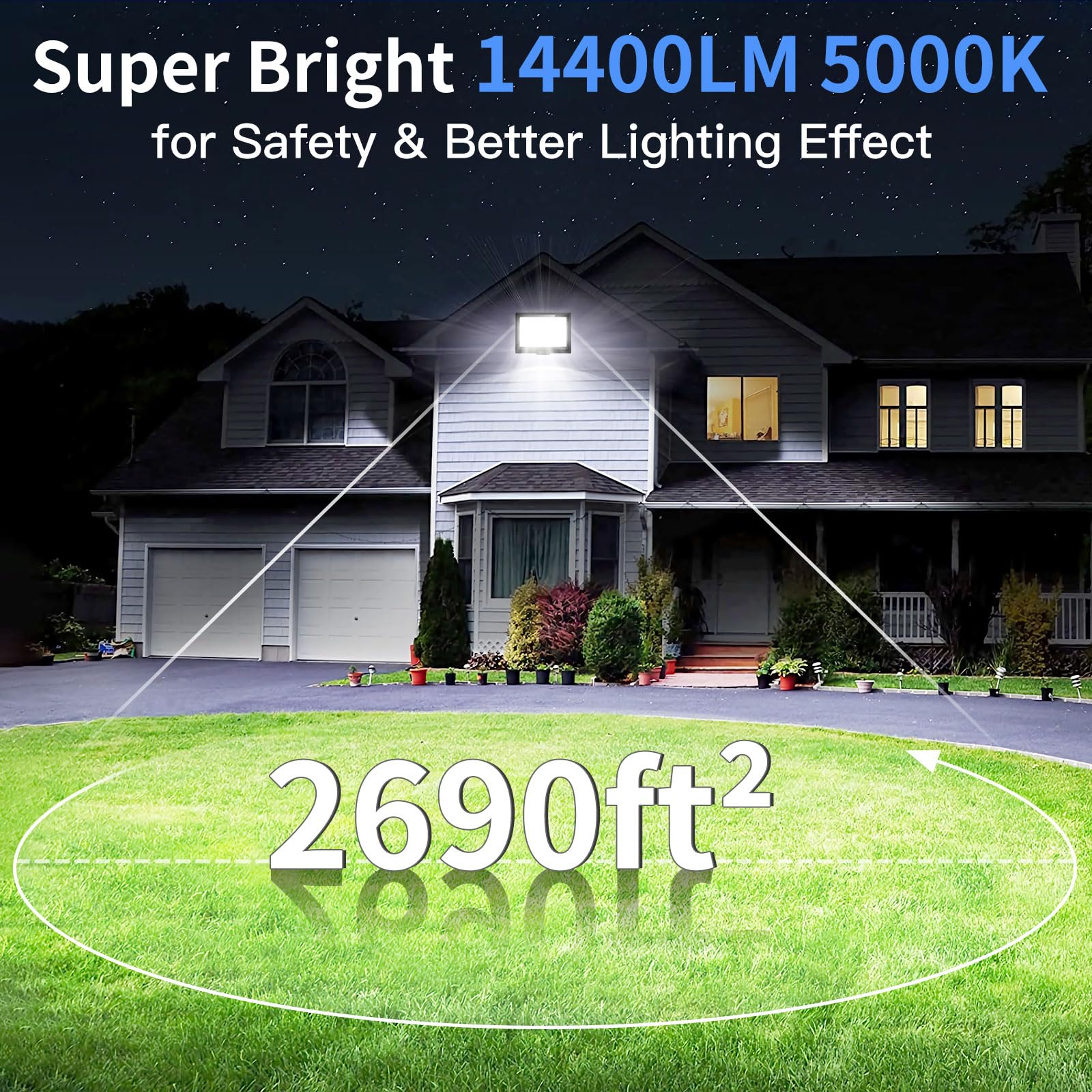 ISUERFY 14400 lm flood light with 5000K daylight white for clear nighttime visibility.