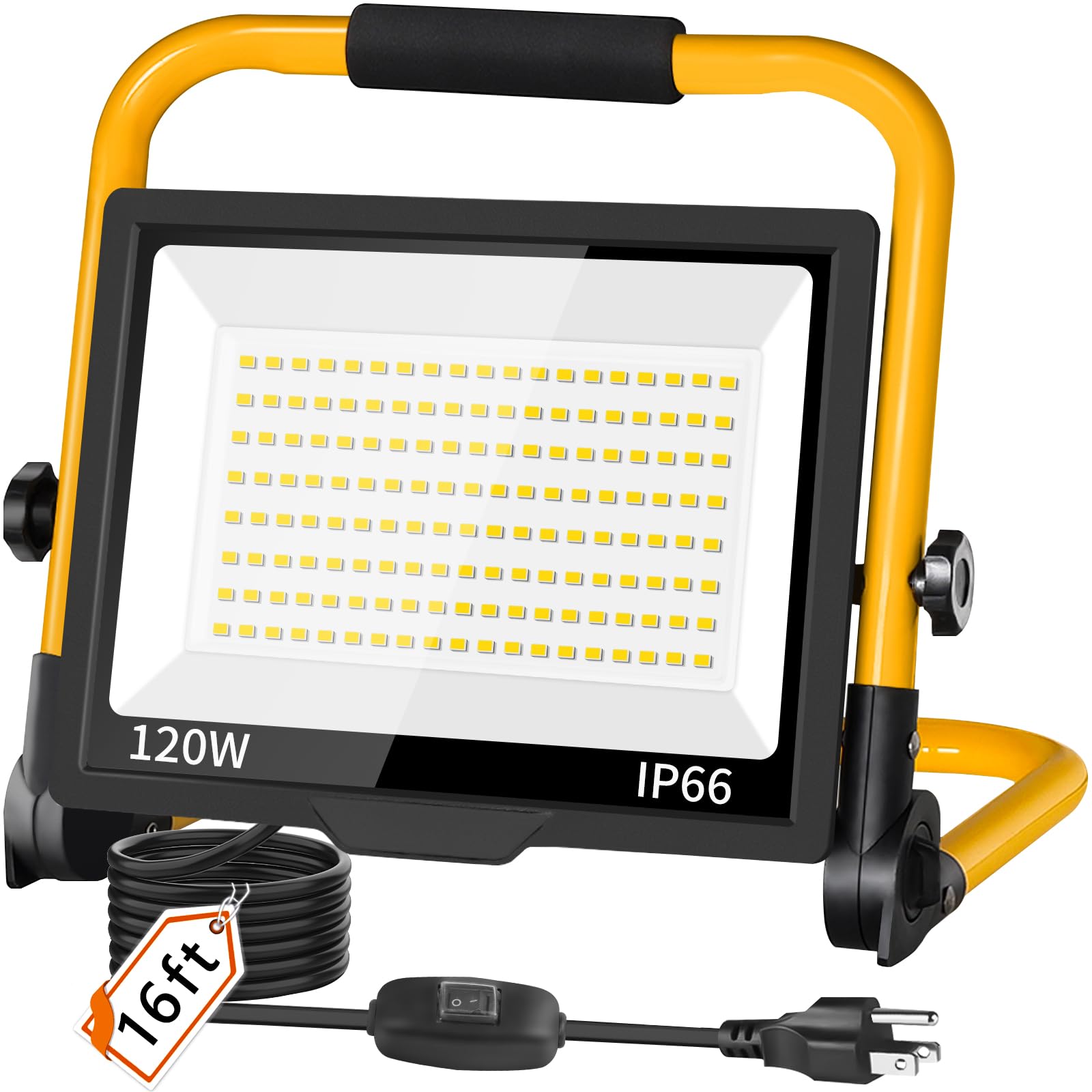 ISUERFY 14400LM LED work light with stand illuminates garages and workshops.