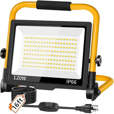 ISUERFY 14400LM LED work light with stand illuminates garages and workshops.