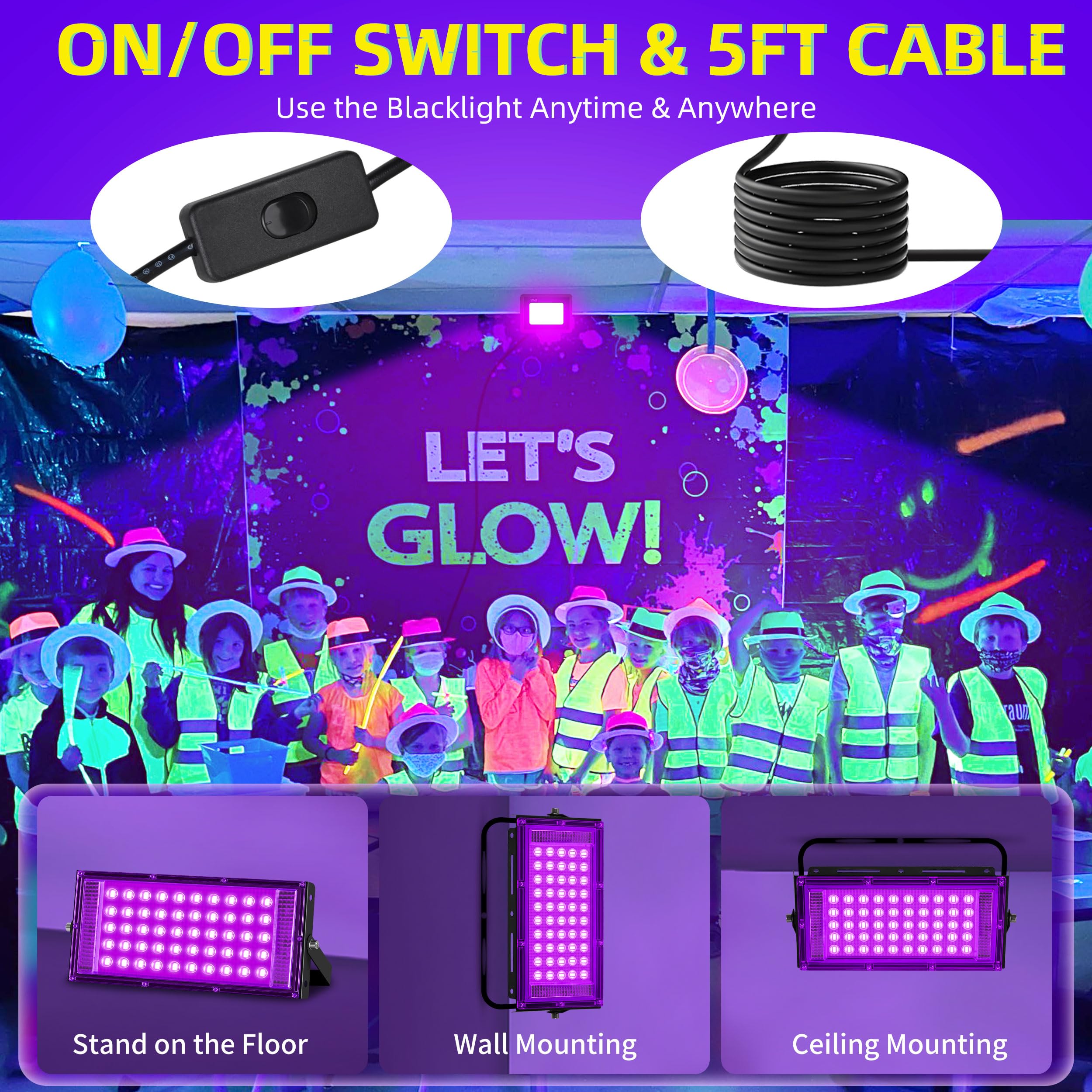 ISUERFY 50W blacklight body paint setup glows vividly under blue-violet light