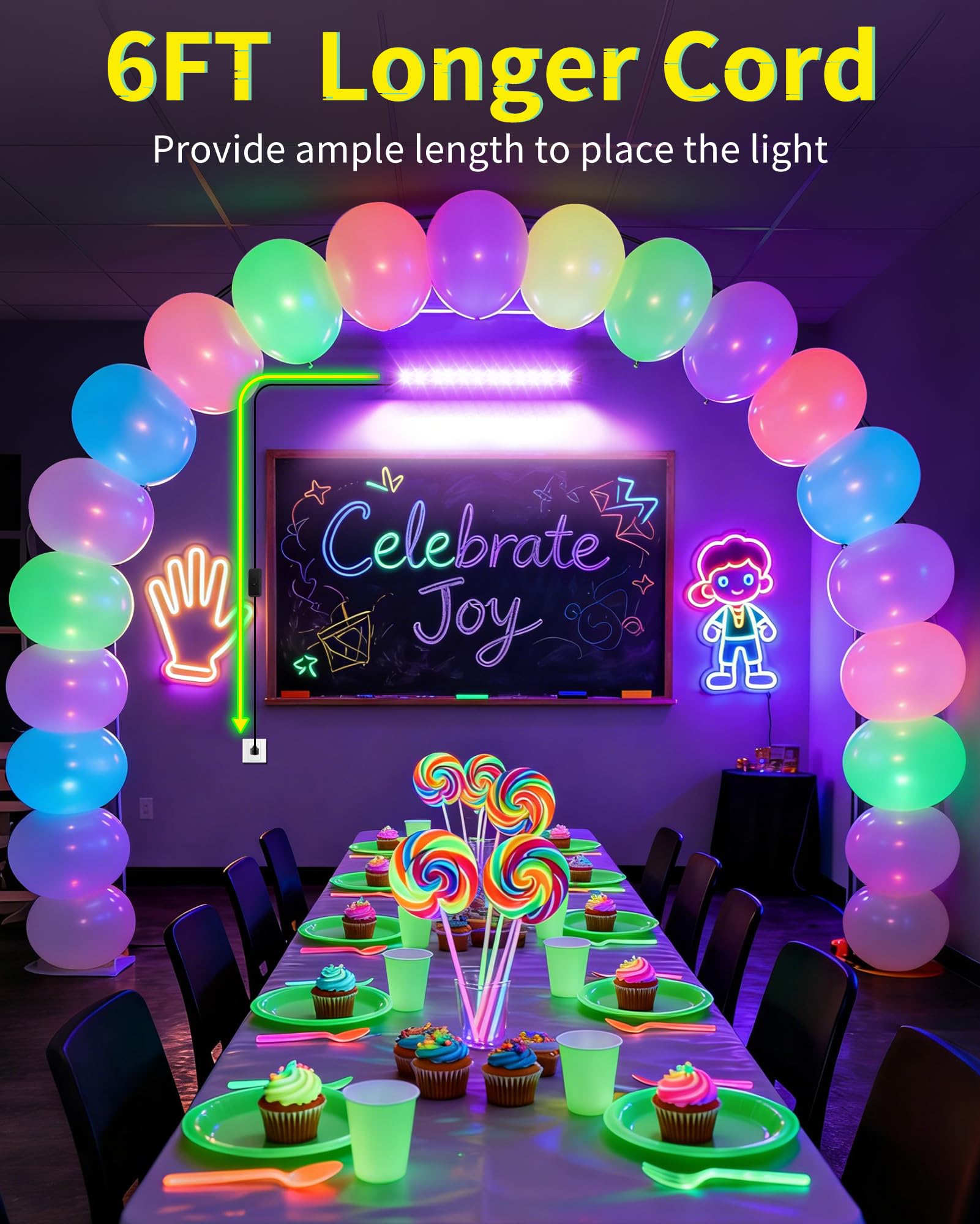 ISUERFY neon glow party setup with UV-reactive posters and tapestries