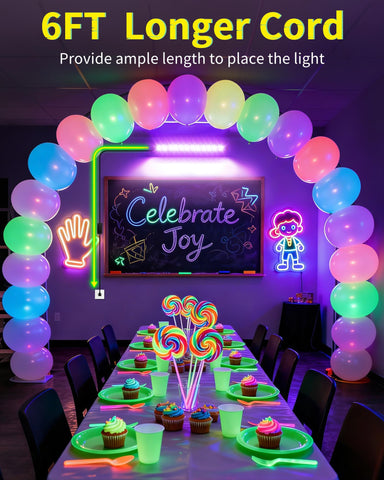 ISUERFY neon glow party setup with UV-reactive posters and tapestries