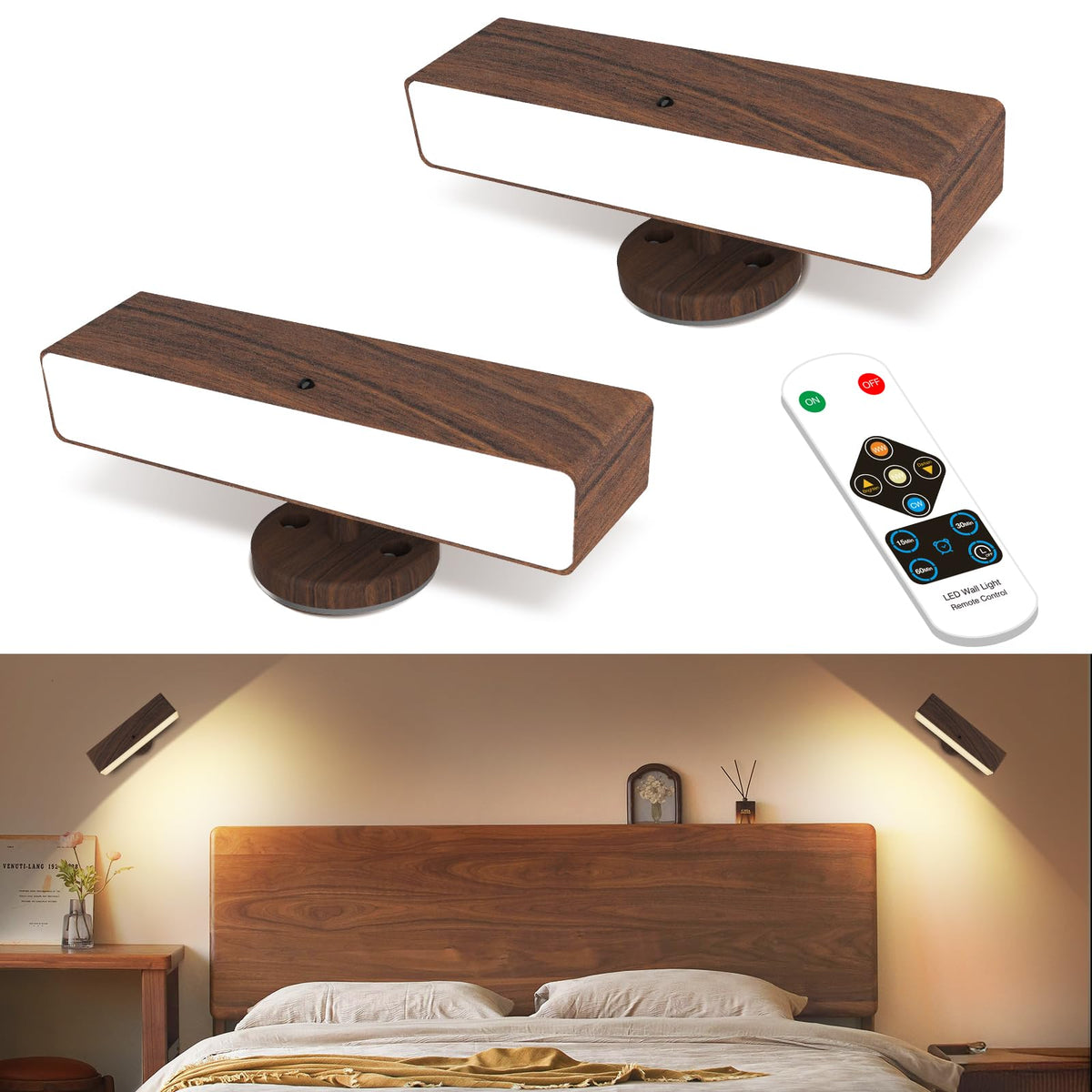 iThird battery powered wood wall sconce pair ready for ambient bedroom lighting