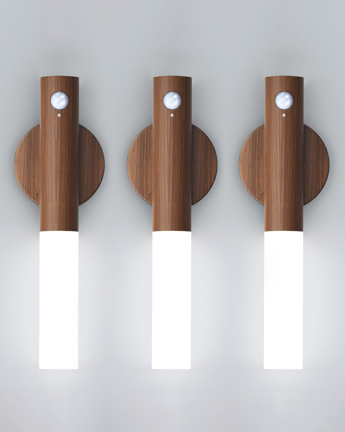 iThird battery-operated wall sconce with a wooden base for cordless hallway lighting