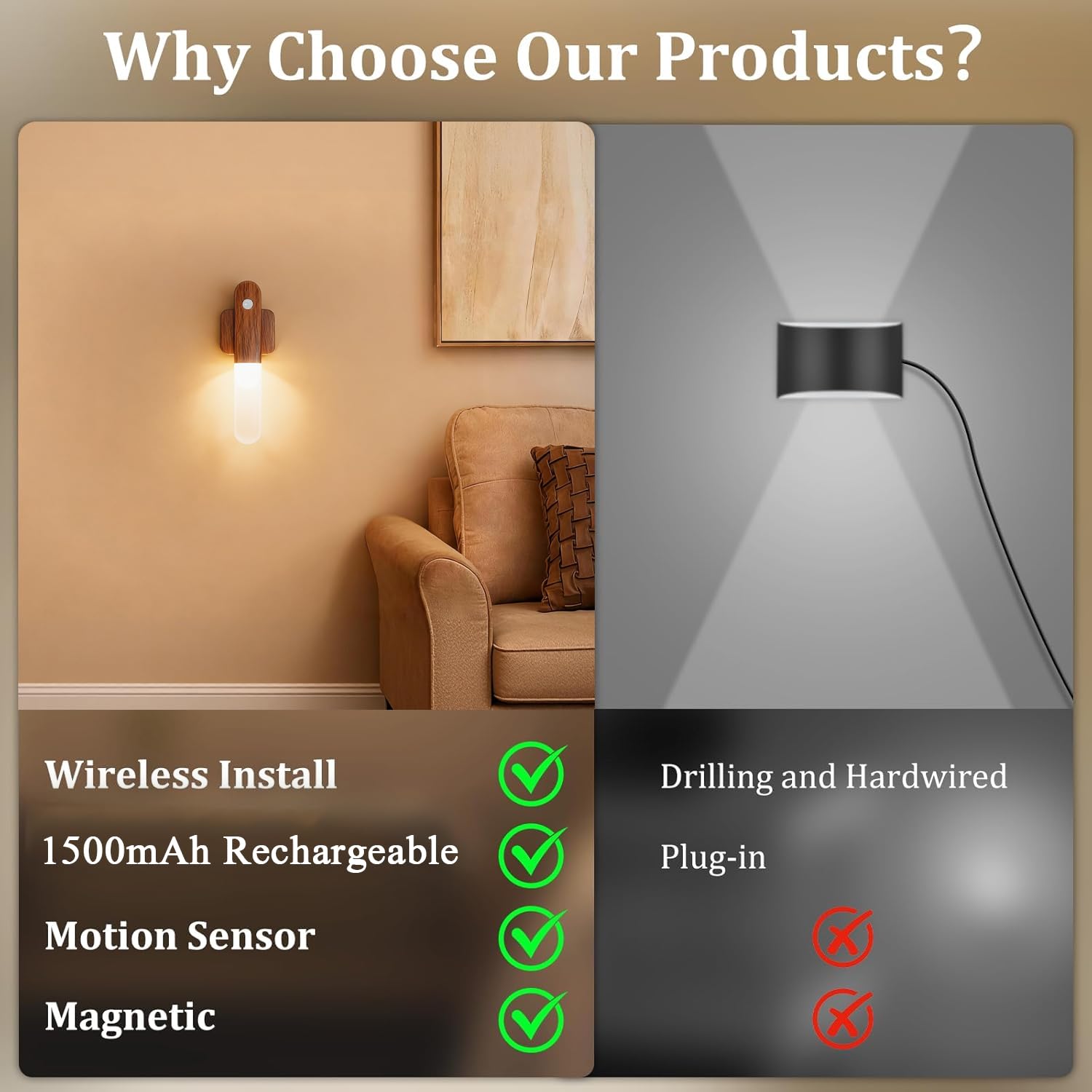 iThird motion sensor wall light detects movement for hands-free night illumination.