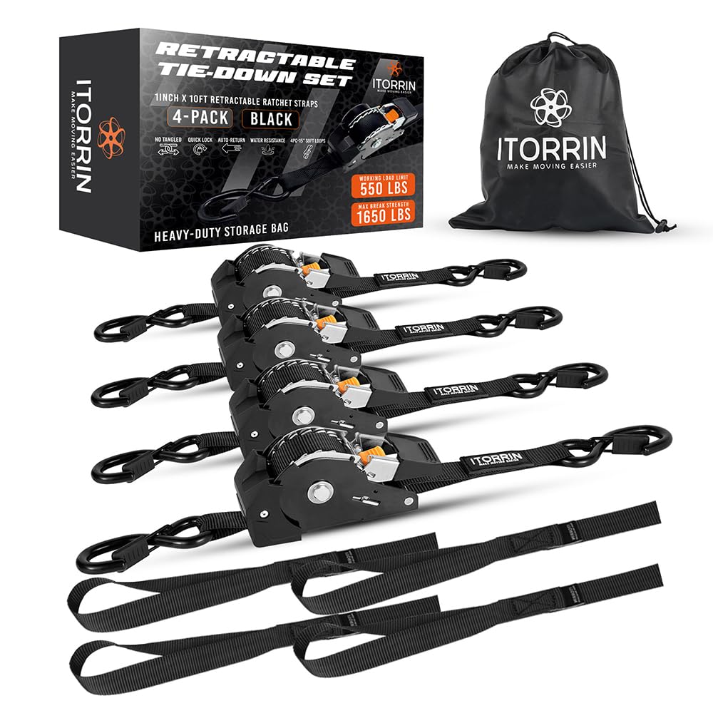 ITORRIN retractable ratchet straps in action securing cargo in a truck bed.