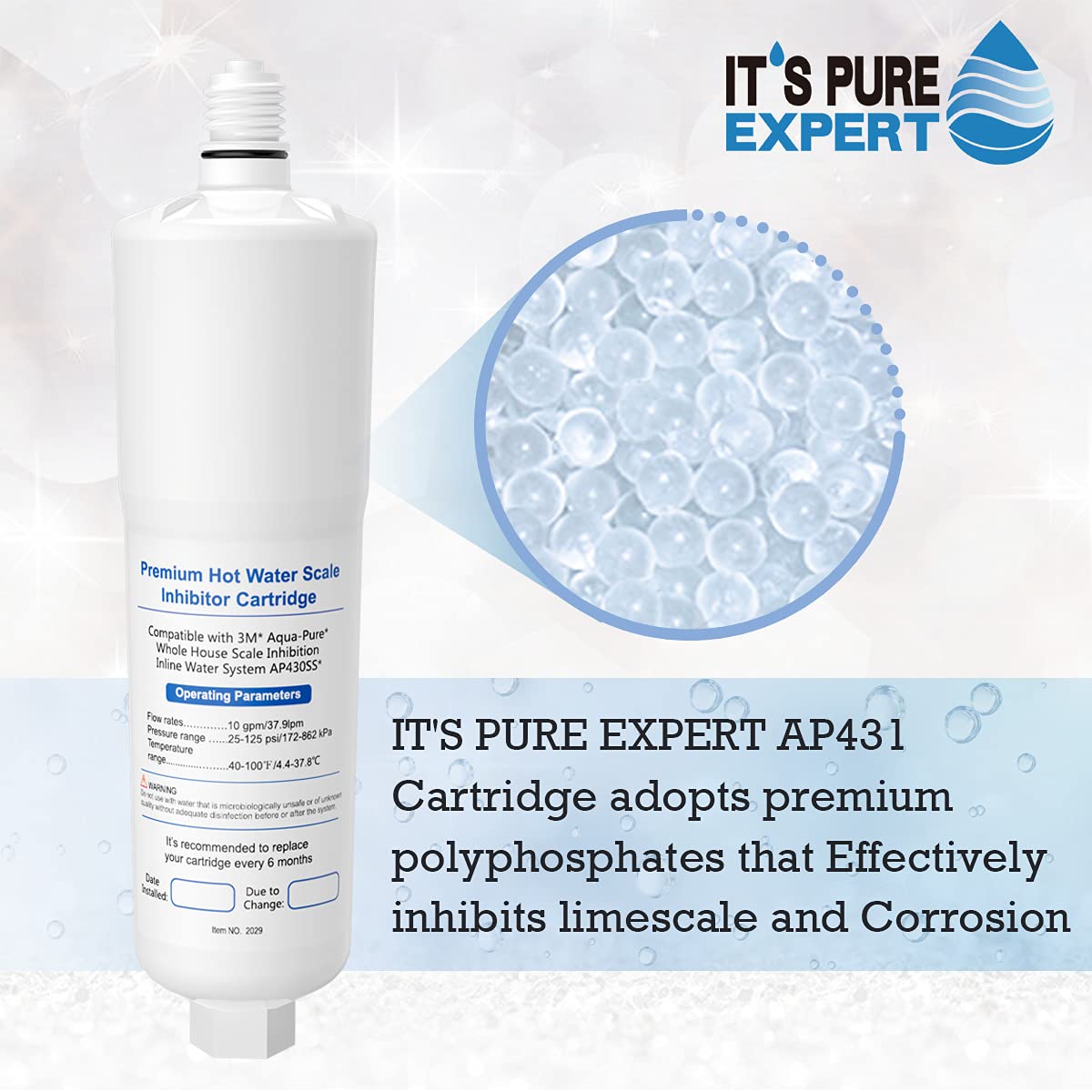 IT'S PURE EXPERT AP431 cartridge close-up shows durable media for ongoing scale inhibition