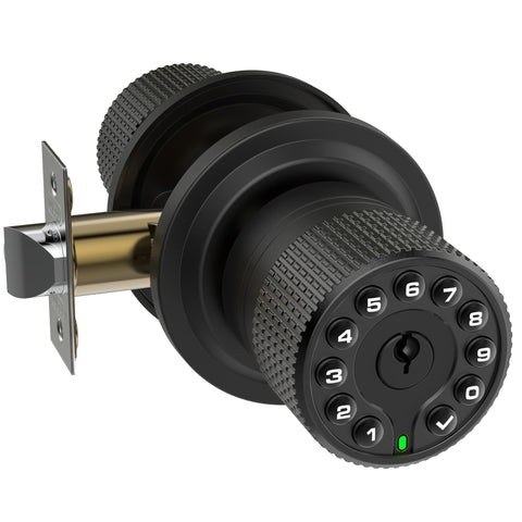 iulock keypad door lock front view with keyless entry and matte black finish.